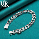 925 Silver 10mm Square Buckle Matte Chain Bracelet Wedding Party Jewelry