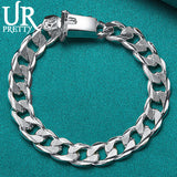 925 Silver 10mm Square Buckle Matte Chain Bracelet Wedding Party Jewelry