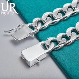 925 Silver 10mm Square Buckle Matte Chain Bracelet Wedding Party Jewelry