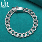 925 Silver 10mm Square Buckle Matte Chain Bracelet Wedding Party Jewelry
