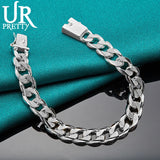 925 Silver 10mm Square Buckle Matte Chain Bracelet Wedding Party Jewelry