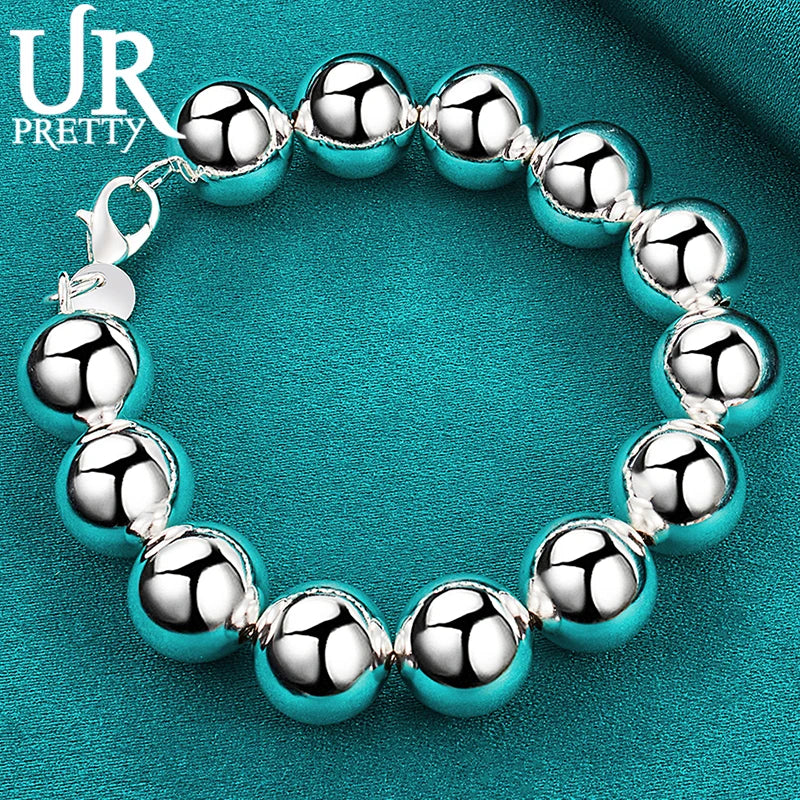 925 Silver 14mm Beads Chain Bracelet, Men Women Jewelry
