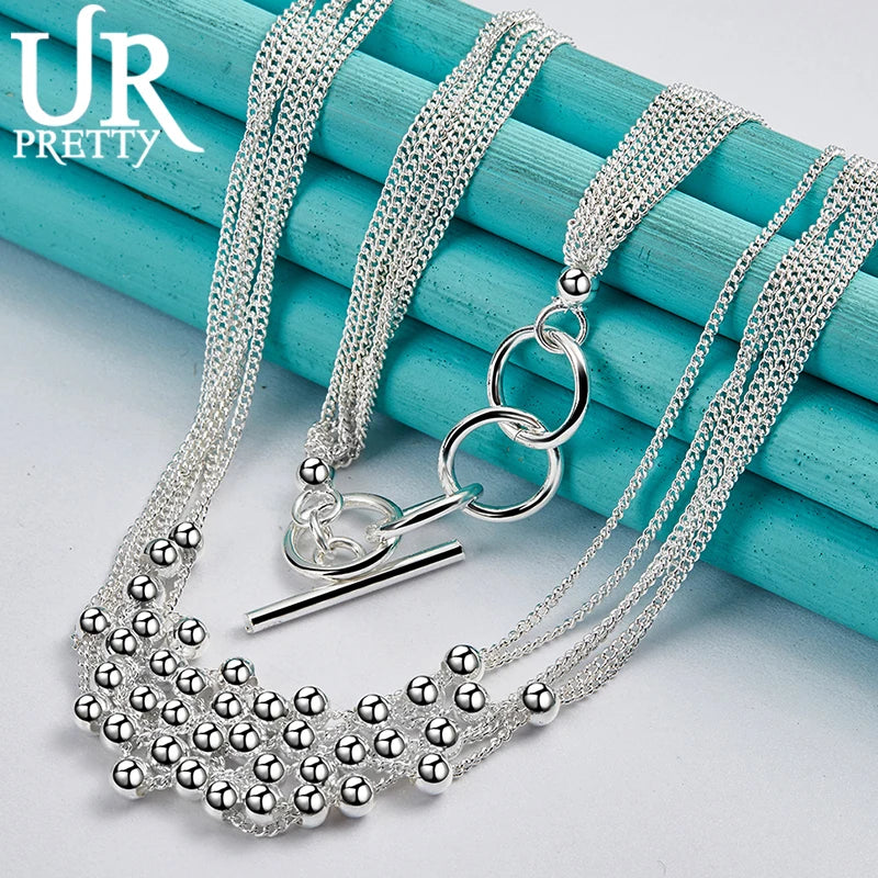 925 Silver 18in 6-Line Light Beads Necklace Party Wedding Charm Jewelry Gift