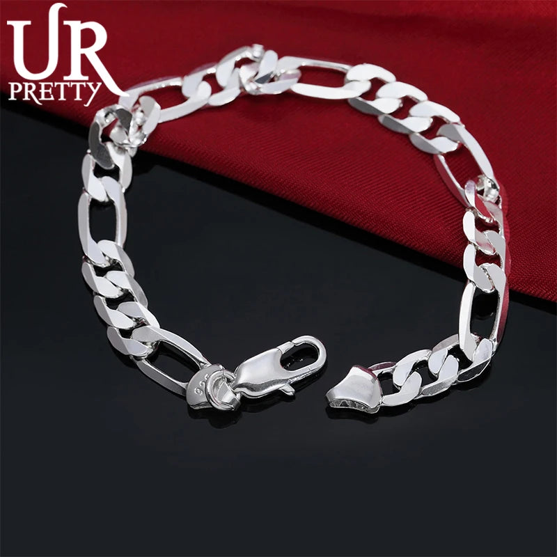 925 Silver 18K 8MM Sideways Bracelet Women Men Wedding Party Jewelry