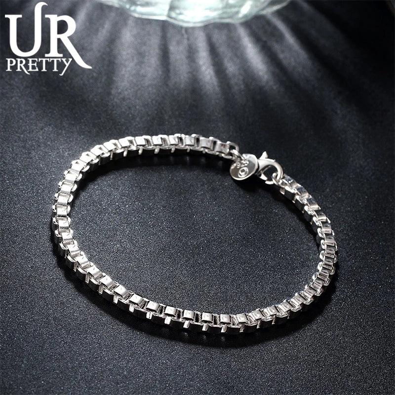 925 Sterling Silver 4mm Square Box Chain 8" Bracelet for Women Wedding Jewelry