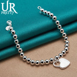 925 Silver Bead Ball Chain Heart Lock Bracelet Women Wedding Charm Jewelry
