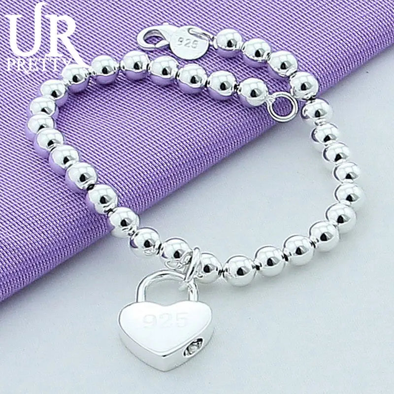 925 Silver Heart Lock Pendant Bracelet Women Charm Jewelry