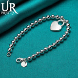 925 Silver Bead Ball Chain Heart Lock Bracelet Women Wedding Charm Jewelry