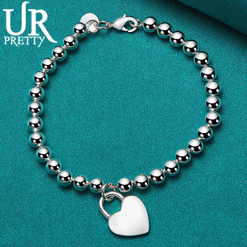 925 Silver Bead Ball Chain Heart Lock Bracelet Women Wedding Charm Jewelry