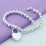 925 Silver Heart Lock Pendant Bracelet Women Charm Jewelry