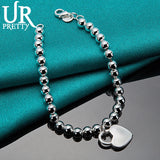 925 Silver Bead Ball Chain Heart Lock Bracelet Women Wedding Charm Jewelry
