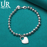 925 Silver Bead Ball Chain Heart Lock Bracelet Women Wedding Charm Jewelry