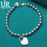 925 Silver Bead Ball Chain Heart Lock Bracelet Women Wedding Charm Jewelry