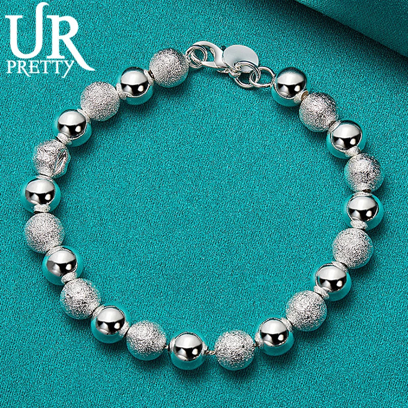 925 Sterling Silver 8mm Smooth Frosted Round Beads Chain Bracelet