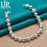 925 Sterling Silver 8mm Smooth Frosted Round Beads Chain Bracelet