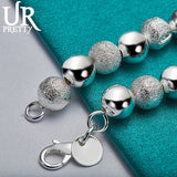 925 Sterling Silver 8mm Smooth Frosted Round Beads Chain Bracelet