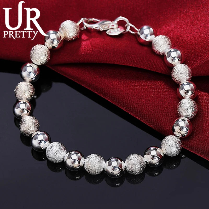 925 Silver 8mm Frosted Beads Bracelet Women Wedding Jewelry