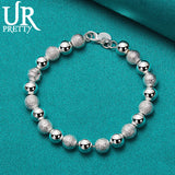 925 Sterling Silver 8mm Smooth Frosted Round Beads Chain Bracelet