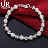 925 Silver 8mm Frosted Beads Bracelet Women Wedding Jewelry