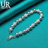 925 Sterling Silver 8mm Smooth Frosted Round Beads Chain Bracelet