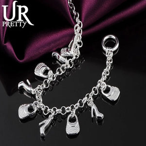 925 Silver Bag High-Heeled Shoes Chain Bracelet Wedding Engagement