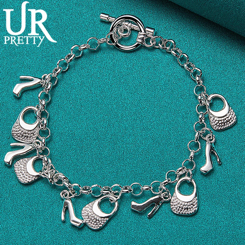 925 Silver Bag Heeled Shoes Chain Bracelet Wedding Engagement Charm
