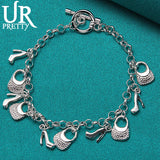 925 Silver Bag Heeled Shoes Chain Bracelet Wedding Engagement Charm
