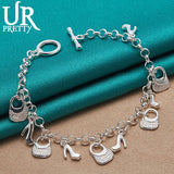 925 Silver Bag Heeled Shoes Chain Bracelet Wedding Engagement Charm