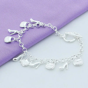 925 Silver High-Heeled Shoes Chain Bracelet Wedding Charm Jewelry