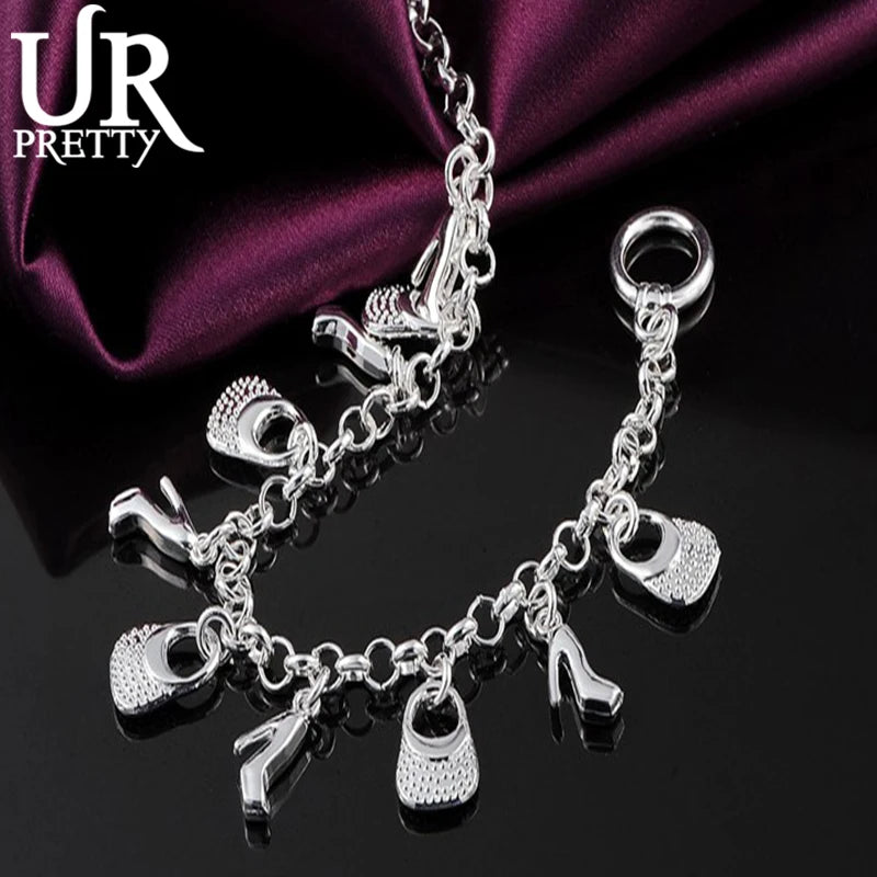 925 Silver Bag High-Heeled Shoes Chain Bracelet Wedding Engagement