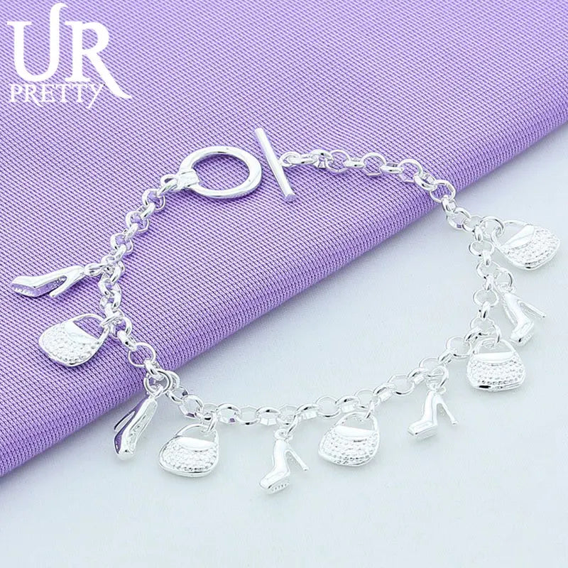 925 Silver High-Heeled Shoes Chain Bracelet Wedding Charm Jewelry