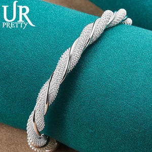 925 Silver Braided Mesh Wide Bangle Bracelet For Women