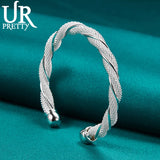 925 Silver Braided Mesh Wide Bangle Bracelet For Women