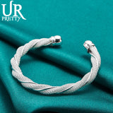 925 Silver Braided Mesh Wide Bangle Bracelet For Women