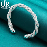 925 Silver Braided Mesh Wide Bangle Bracelet For Women