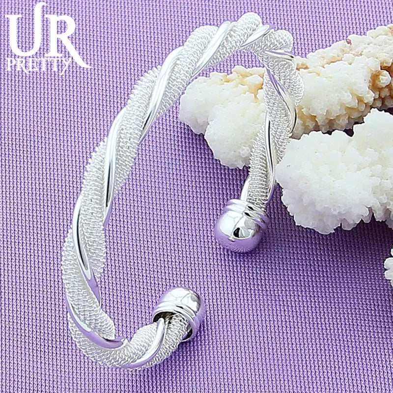 925 Silver Braided Mesh Adjustable Bangle Bracelet for Women