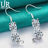 925 Silver Cat Zircon Drop Earrings Wedding Engagement Party Jewelry
