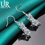 925 Silver Cat Zircon Drop Earrings Wedding Engagement Party Jewelry
