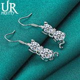 925 Silver Cat Zircon Drop Earrings Wedding Engagement Party Jewelry
