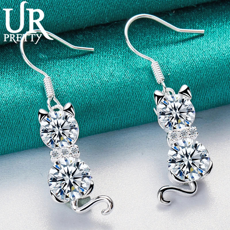 925 Silver Cat Zircon Drop Earrings Wedding Engagement Party Jewelry