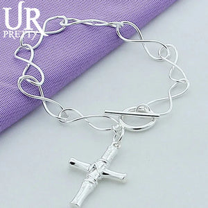 925 Silver Cross Charm Bracelet w/ OT Buckle for Wedding, Pendant Jewelry Gift