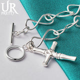 925 Silver Cross Charm Bracelet w/ OT Buckle for Wedding, Pendant Jewelry Gift