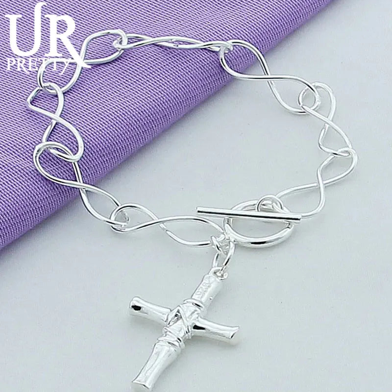 925 Silver Cross Charm Bracelet w/ OT Buckle for Wedding, Pendant Jewelry Gift