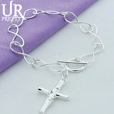 925 Silver Cross Charm Bracelet w/ OT Buckle for Wedding, Pendant Jewelry Gift