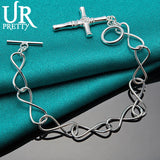 925 Silver Cross Charm Bracelet w/ OT Buckle for Wedding, Pendant Jewelry Gift