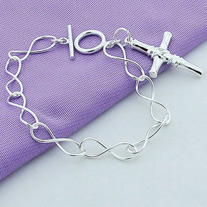 925 Silver Cross Charm Bracelet w/ OT Buckle for Wedding, Pendant Jewelry Gift