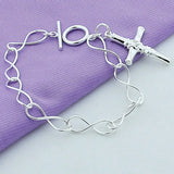 925 Silver Cross Charm Bracelet w/ OT Buckle for Wedding, Pendant Jewelry Gift