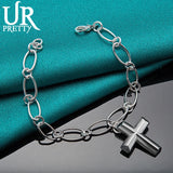 925 Silver Cross Oval Multi-Circle Chain Bracelet for Men Women