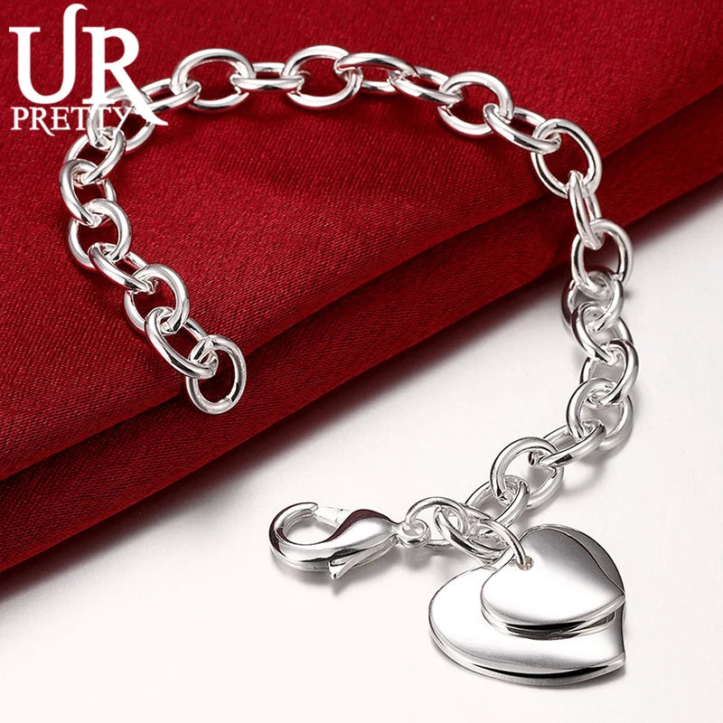 925 Silver Double Heart Pendant Bracelet Wedding Jewelry Gift