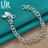 925 Silver Double Leaf Chain Bracelet Wedding Engagement Charm Jewelry